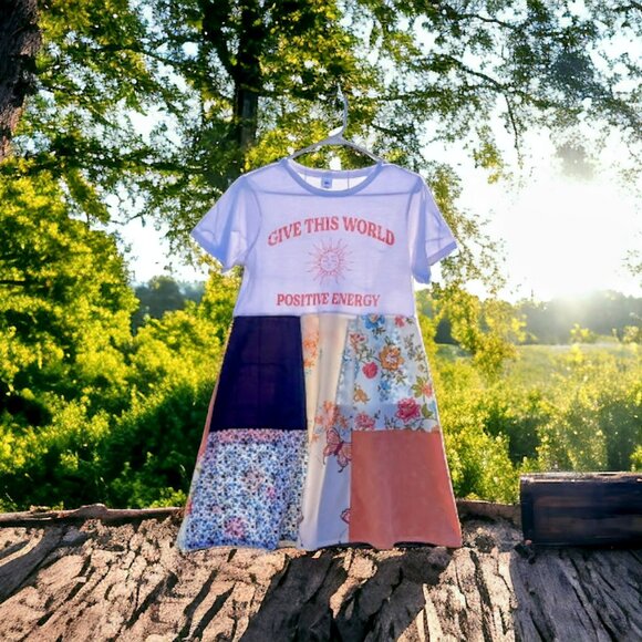 Upcycled Dresses & Skirts - Upcycled Positive Energy Tee Dress S M